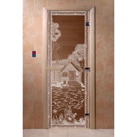 Дверь стеклянная "Банька в лесу" бронза матовое (190х70, 3 петли, коробка дуб)